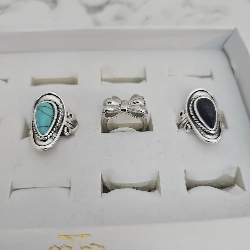 3pc Fashion Ring Set Silver Bow Black Stone Blue Country Girl Southwestern